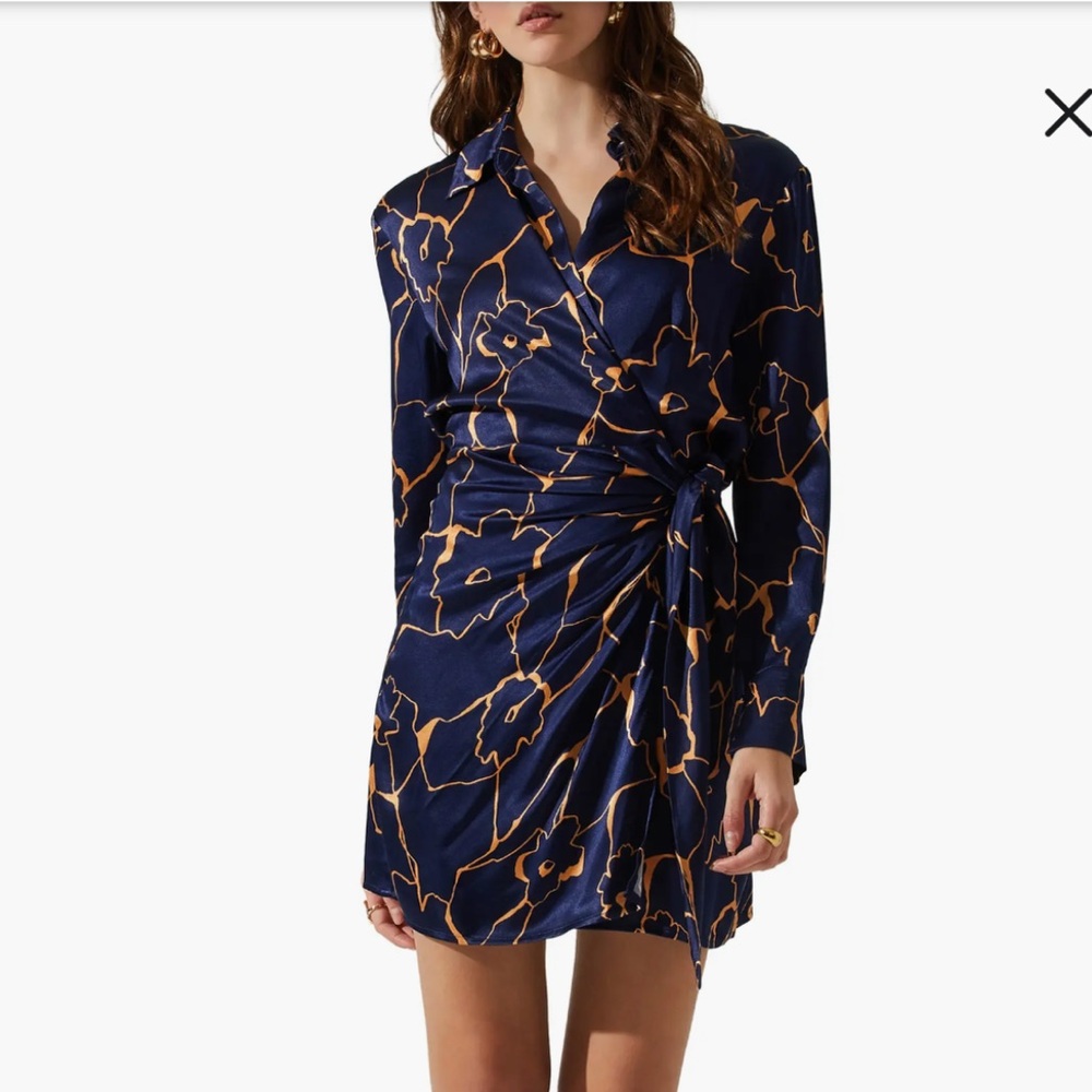 Astr Navy and Orange Floral Long Sleeve Dress